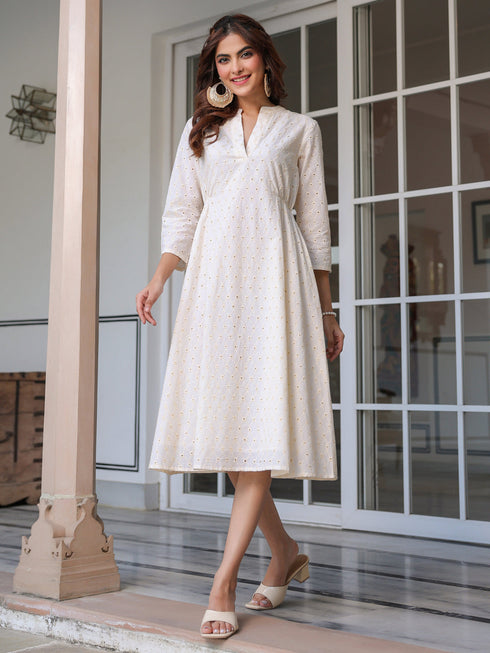 Janasya Women's Off White Pure Cotton Schiffli A-line Dress